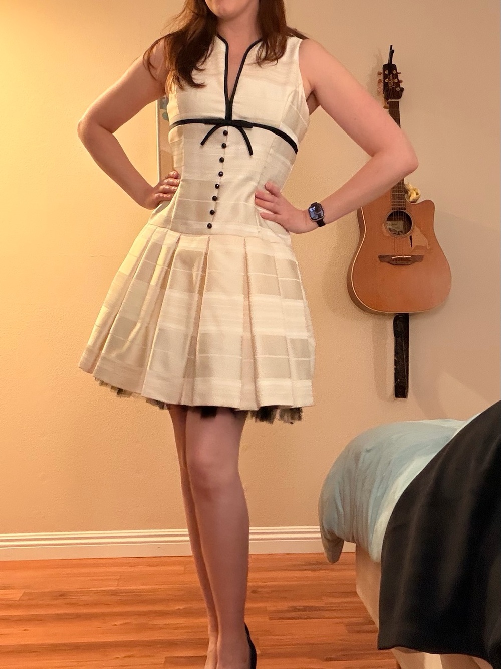 Jessica McClintock Ivory Mini Dress with Black Trim